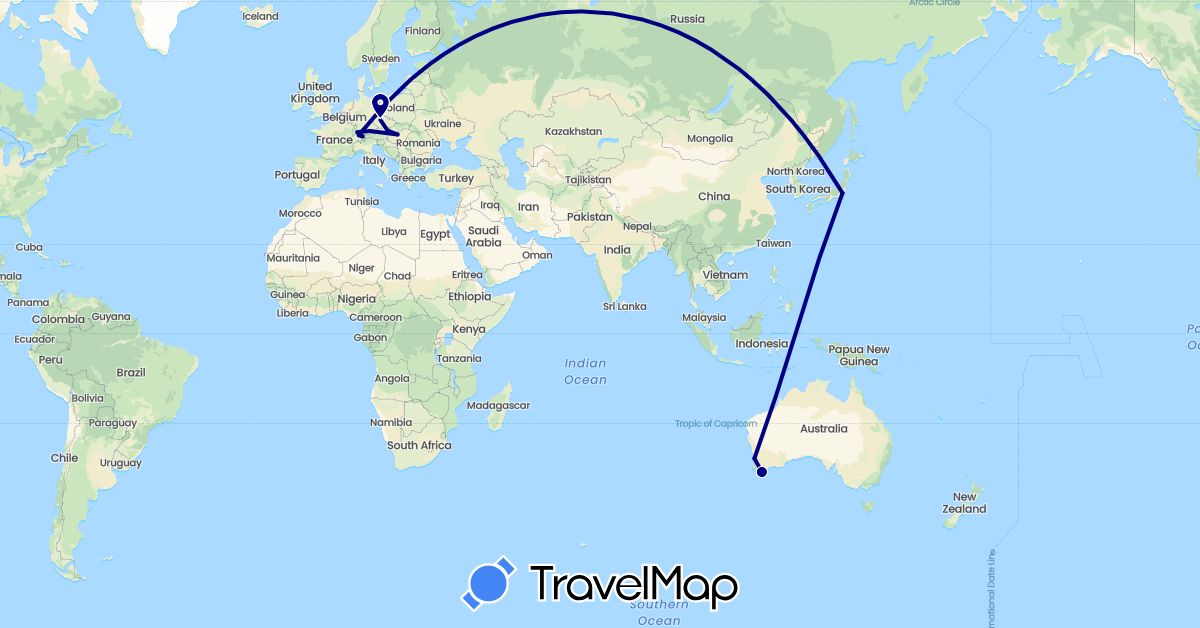 TravelMap itinerary: driving in Austria, Australia, Switzerland, Czech Republic, Germany, Hungary, Japan, Liechtenstein (Asia, Europe, Oceania)
